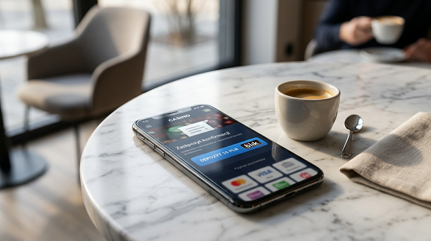 Smartfon z aplikacją kasyna online pokazujący opcję wpłaty depozytu 10 PLN przez BLIK