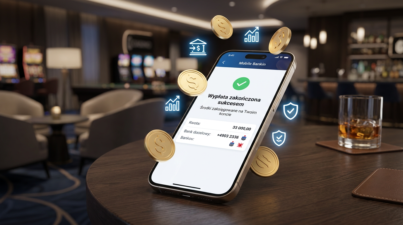 Smartfon z powiadomieniem o udanej wypłacie środków z kasyna online i złotymi monetami.